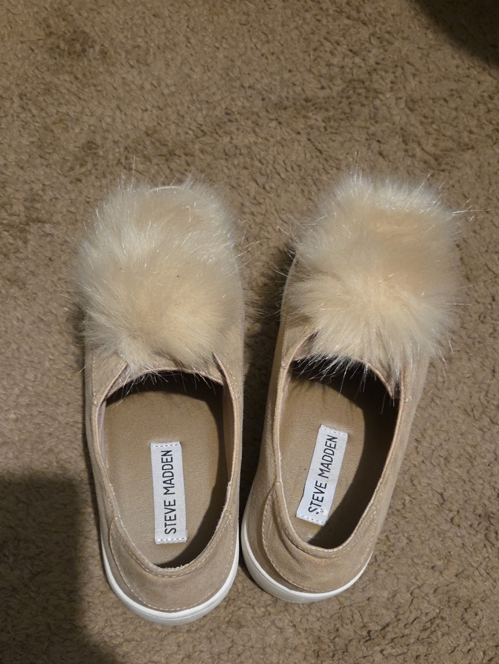 Steve Madden Beige Faux-Fur Pom Pom Slip-On Mules